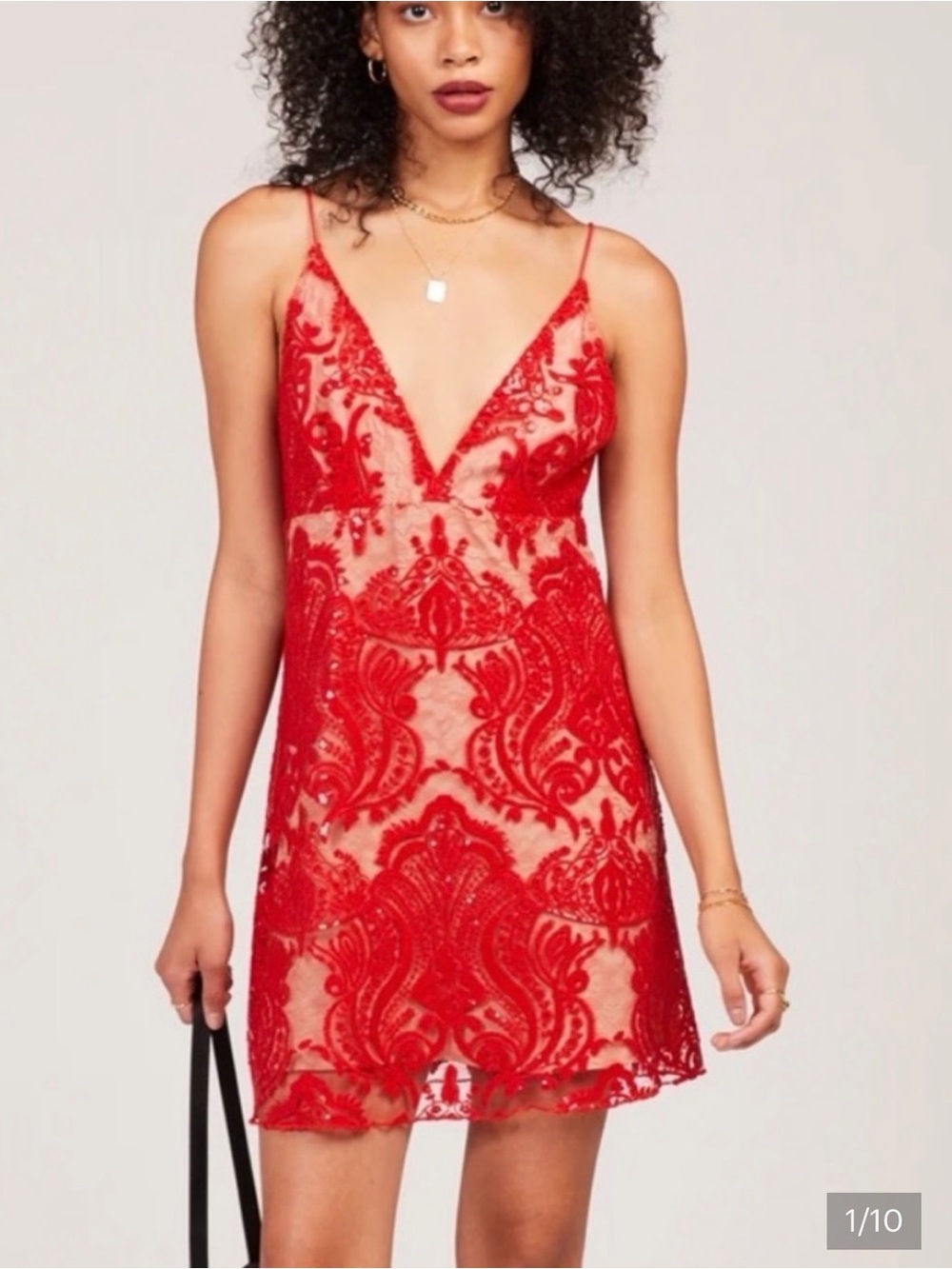 Free people night shimmers Red Lace Sequin V-Neck Mini Dress